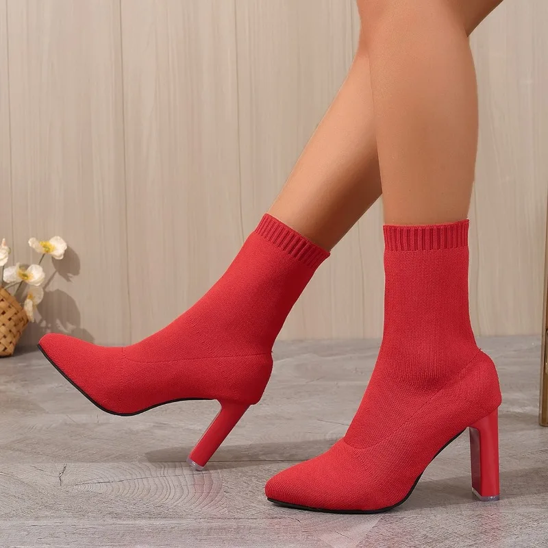 Sheltontires popular women's shoes 2025 Winter High-quality Women's Shoes New Fashion Solid Color Pointed Toe Cloth Short-barrel Women's High-heeled Boots
