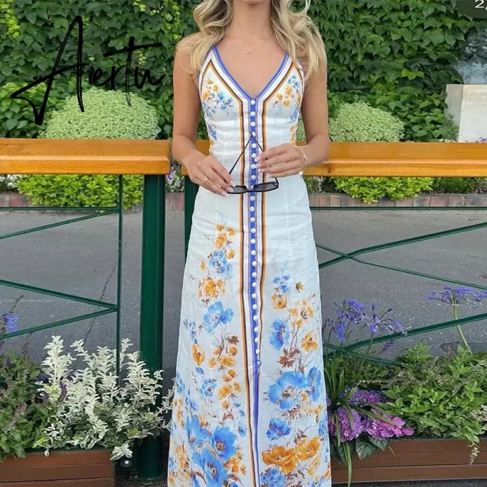 Aiertu Chic Printed Hanging Neck Maxi Dress for Women 2024 Fashion Summer Sleeveless Female Dresses Vacation Beach Lady Backless Robes Aiertu