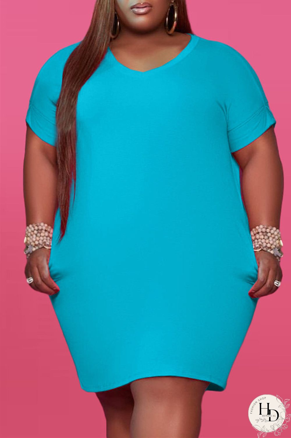 Red Fashion Casual Plus Size Solid Basic V Neck Short Sleeve Dress