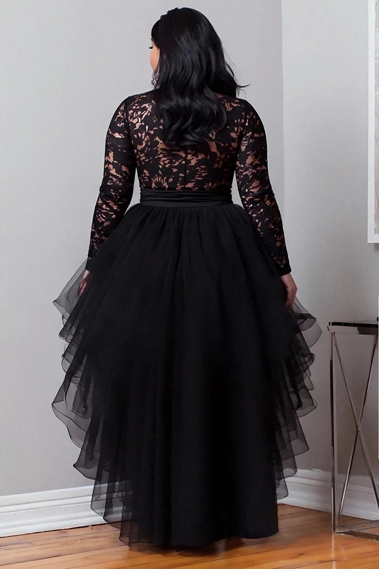 Xpluswear Design Plus Size Cocktail Party Black Round Neck Long Sleeve High Low Hem Elegant Ruffle Tulle Lace Mini Dresses [Pre-Order]