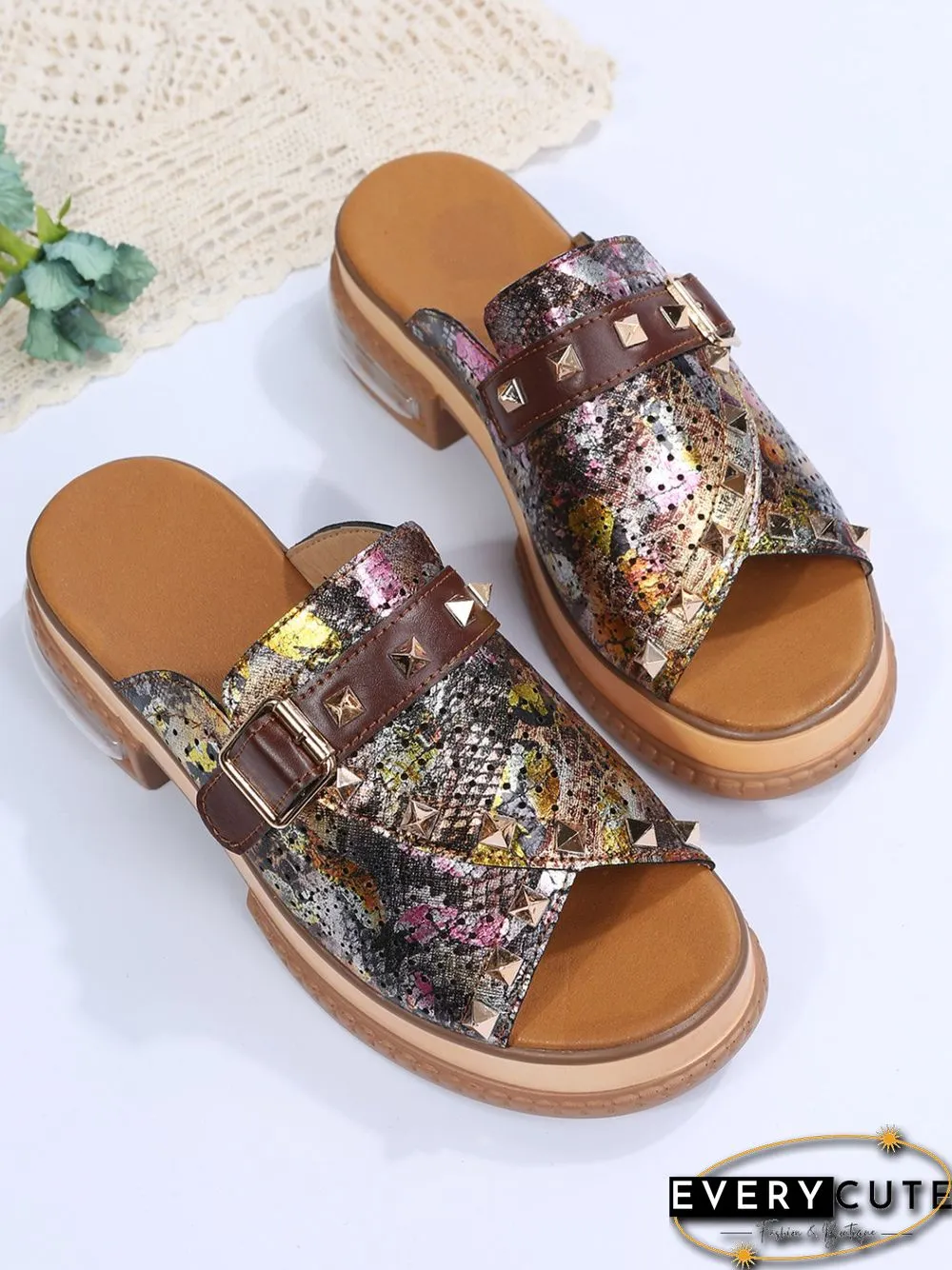 Urban Studded Snake Print Chunky Heel Slippers