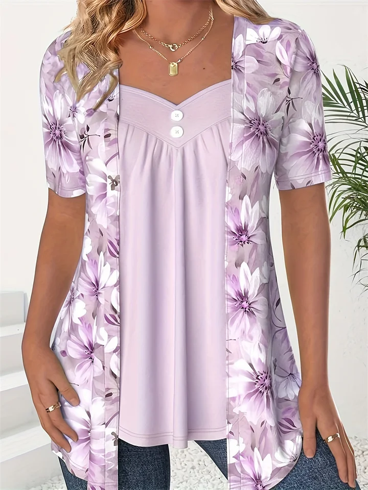Summer New Women's Fake Two-piece Short-sleeved Printed Fashion Tops