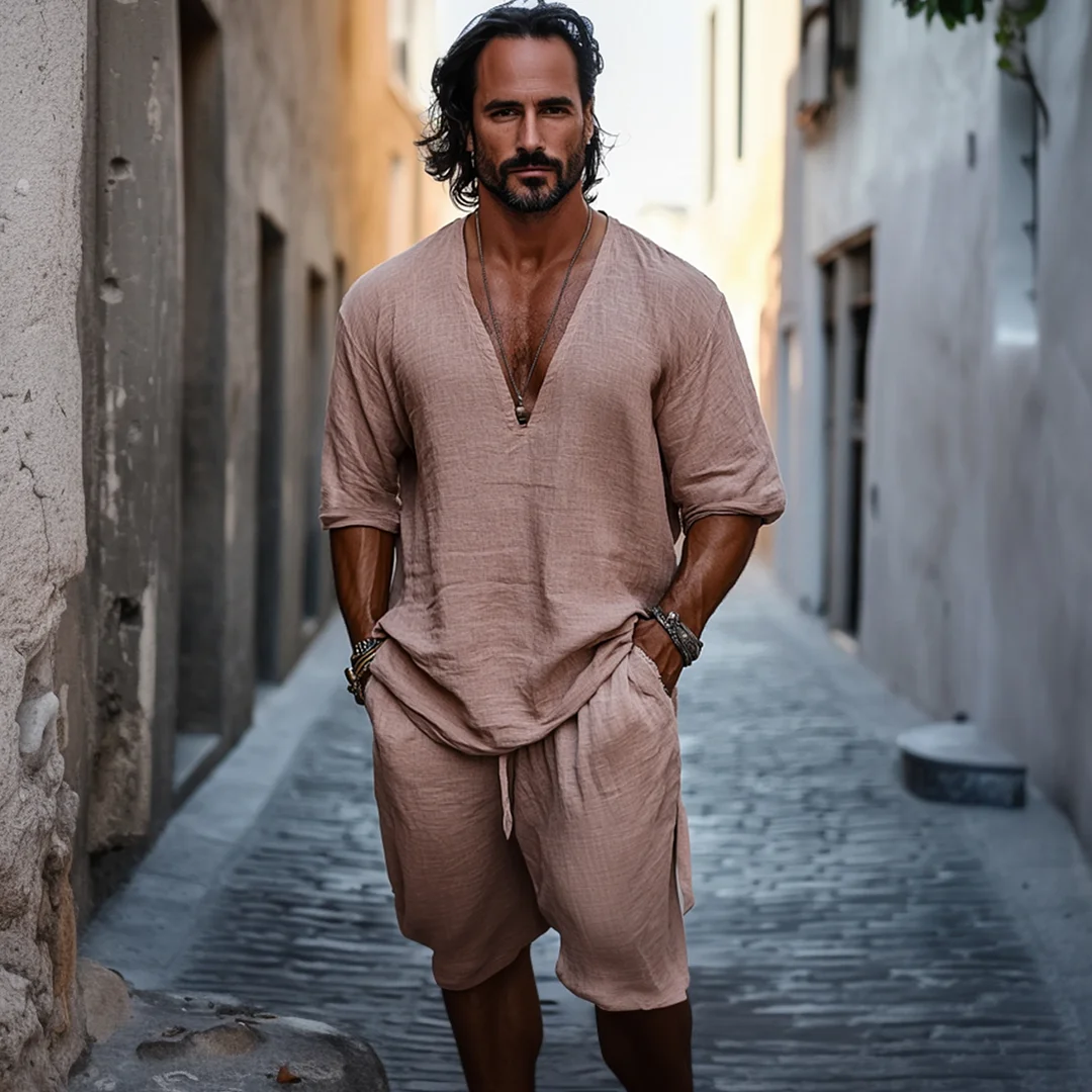 Men's Linen V-neck Comfortable Solid Color Short Sleeve & Shorts Set-inspireuse