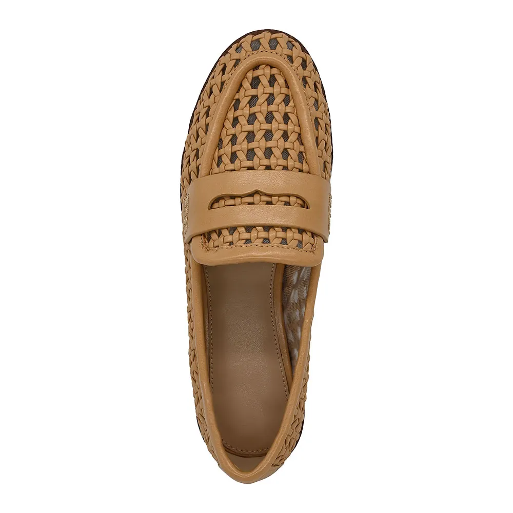 Brown Faux Leather Round Toe Braid Slip On Mesh Women's Loafers