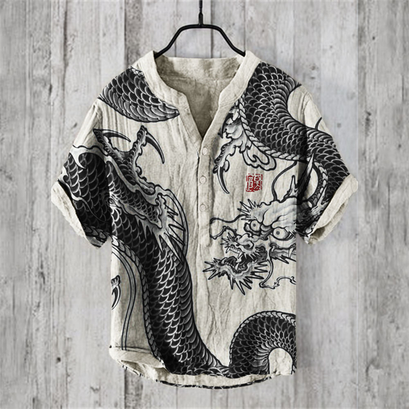 Men's Swaying Dragon Japanese Art Linen Shirt