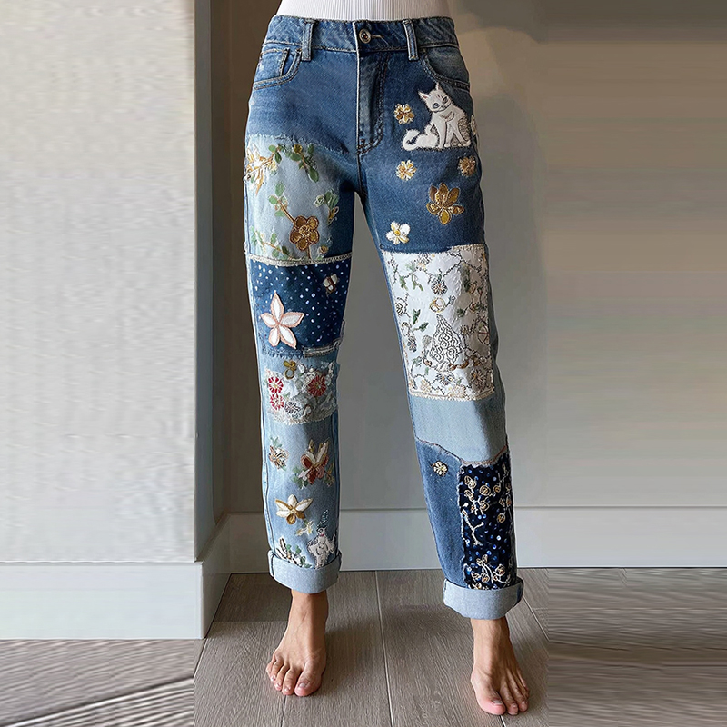 Patchwork Floral Embroidered Cat Vintage Jeans elevenforest