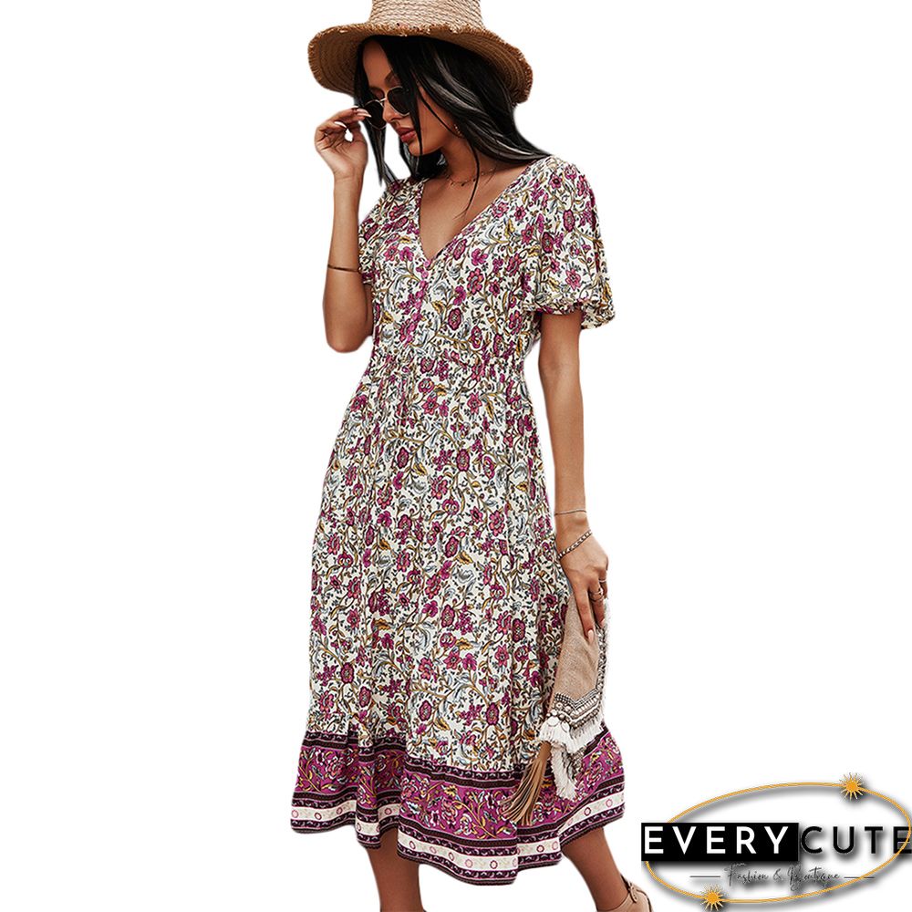 White Short Sleeve V Neck Boho Dress