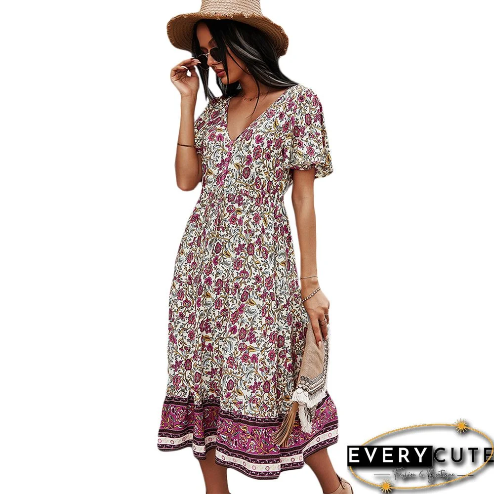 White Short Sleeve V Neck Boho Dress