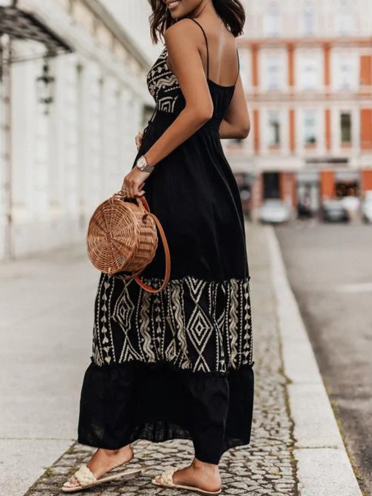 Uveng Pattern Print Pleated Boho Long Dress Women Sexy Deep V Neck Lace-up Party Dress Summer Backless Hollow Maxi Beach Dress