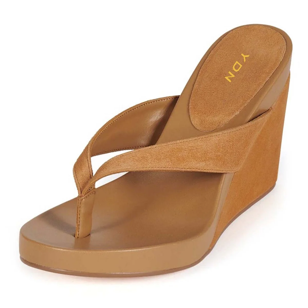 Simple Vegan Suede Flip Flop Wedge Heel Summer Sandals in Tan