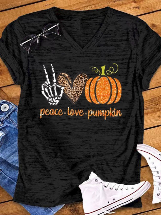 Women's Halloween Peace Love And Pumpkin Print V-Neck T-Shirt