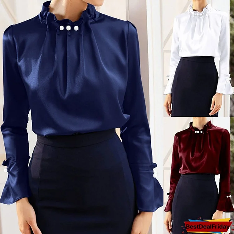Womens Elegant Silk Blouse Long Sleeved Beading OL Work Office Casual Shirt Ladies Tops Blusas