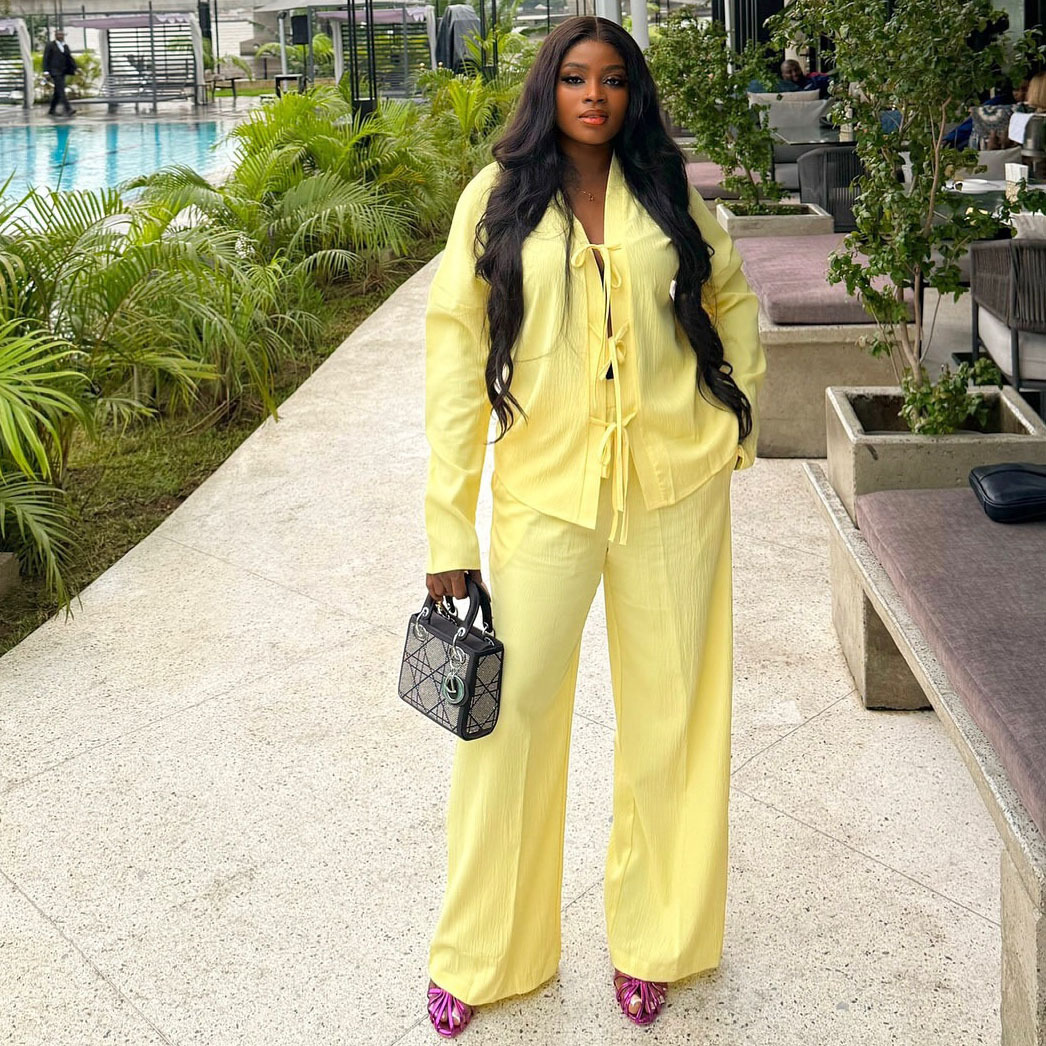 Women's Pale Yellow Tie Front Blouse & Wide Leg Pants Two Piece Set | 168DEAL