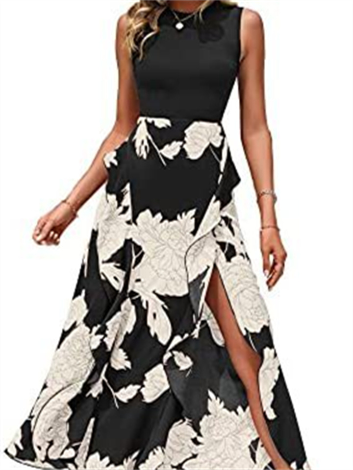 Summer Fashion Casual Style Women's Round Neck Splicing Hem Open Irregular Sleeveless Print Floral High Waist Dress