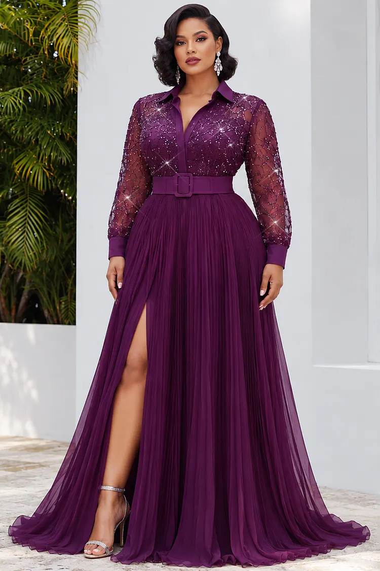 Xpluswear Design Plus Size Formal Purple Shirt Collar Long Sleeve Pleated Split Sequin Maxi Dresses [Pre-Order] 2024 - Xpluswear