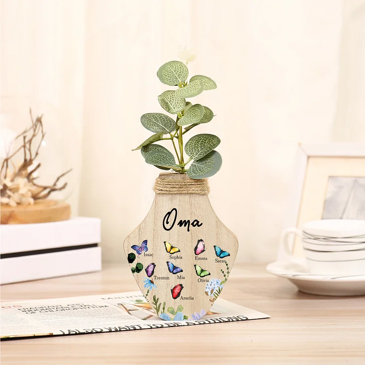 Kettenmachen Holz Personalisierter 8 Namen & Text Bunt Schmetterling & Blumen Familie Vase