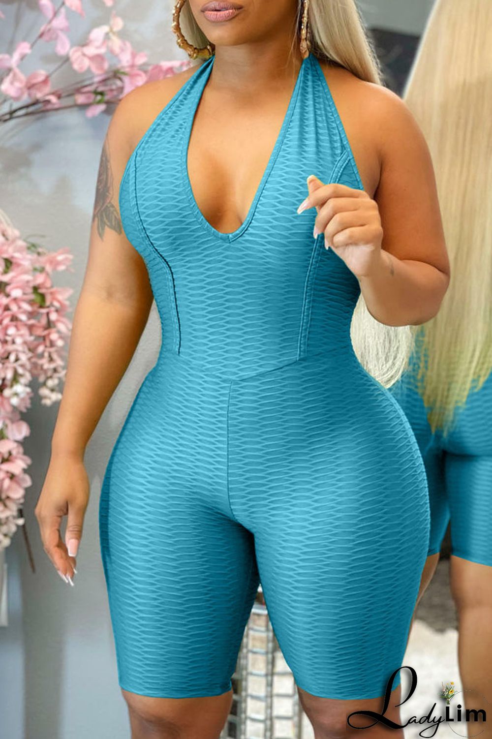 Tibetan Blue Sexy Solid Split Joint Backless Halter Regular Jumpsuits