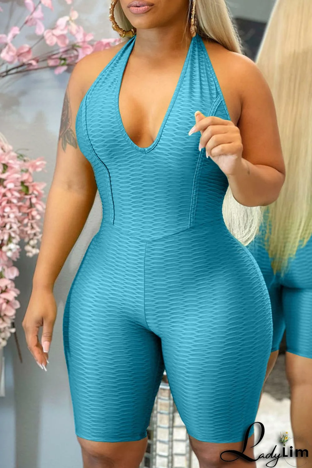 Tibetan Blue Sexy Solid Split Joint Backless Halter Regular Jumpsuits