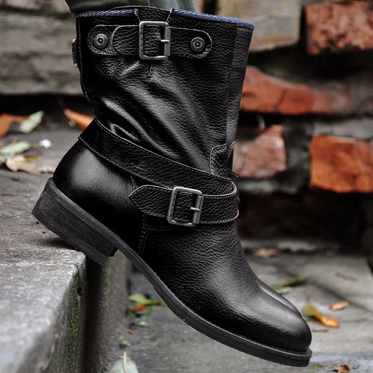 Buckle round toe square heel women's boots