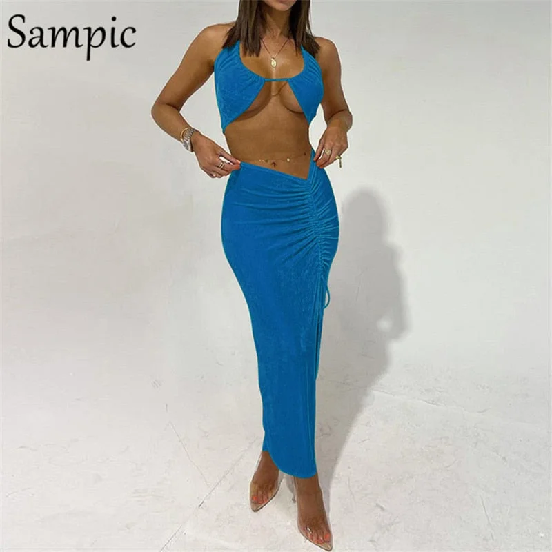 Sampic Fashion Sexy Women Summer Split Long Skirt Set 2021 Halter Skinny Orange Tops And High Waisted Skirt Suit Two Piece Set