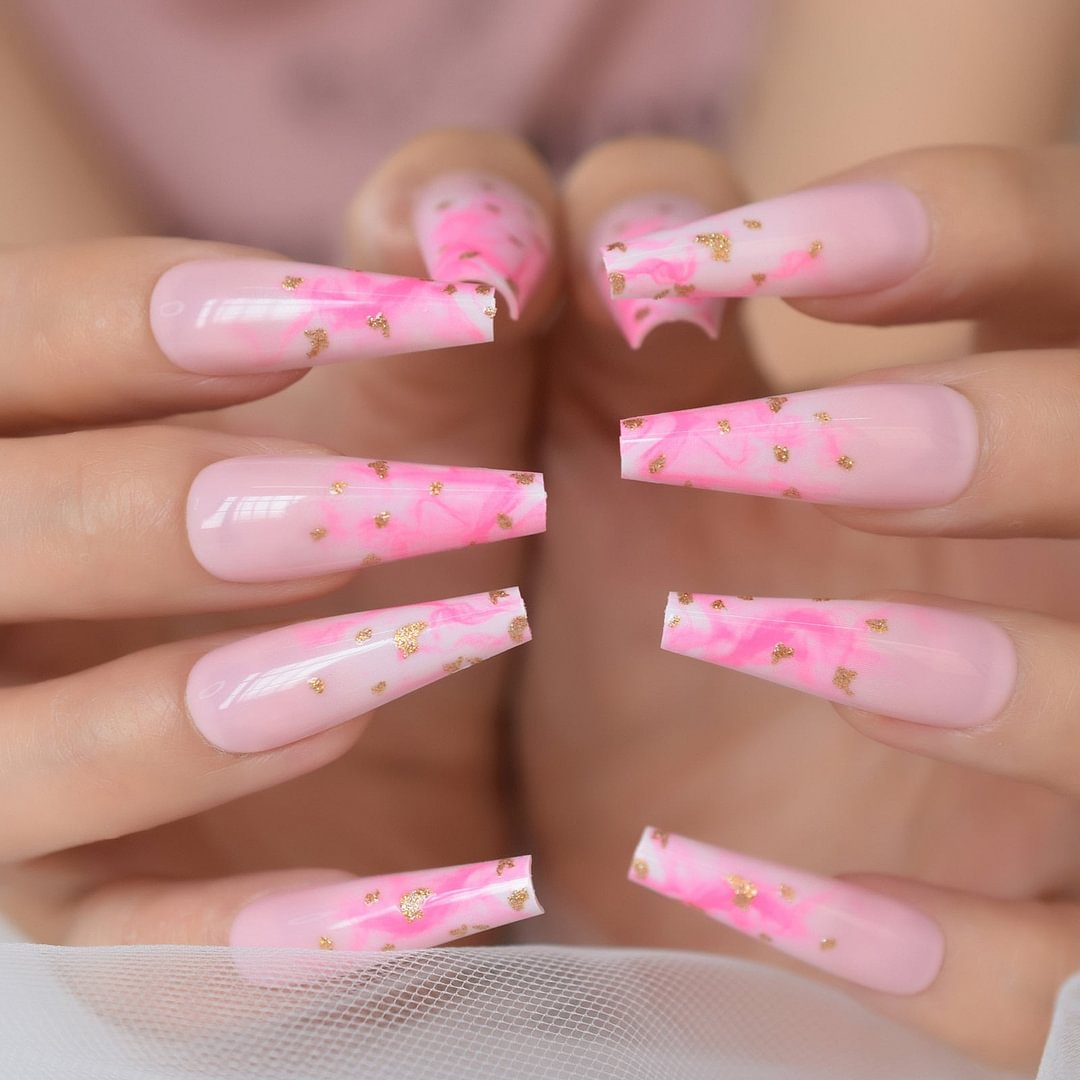 Super Long Acrylic Nails Coffin Pink Press-ons Rose Flowers Fake Nails Ballerina Gel False Nails Tips French Manicure