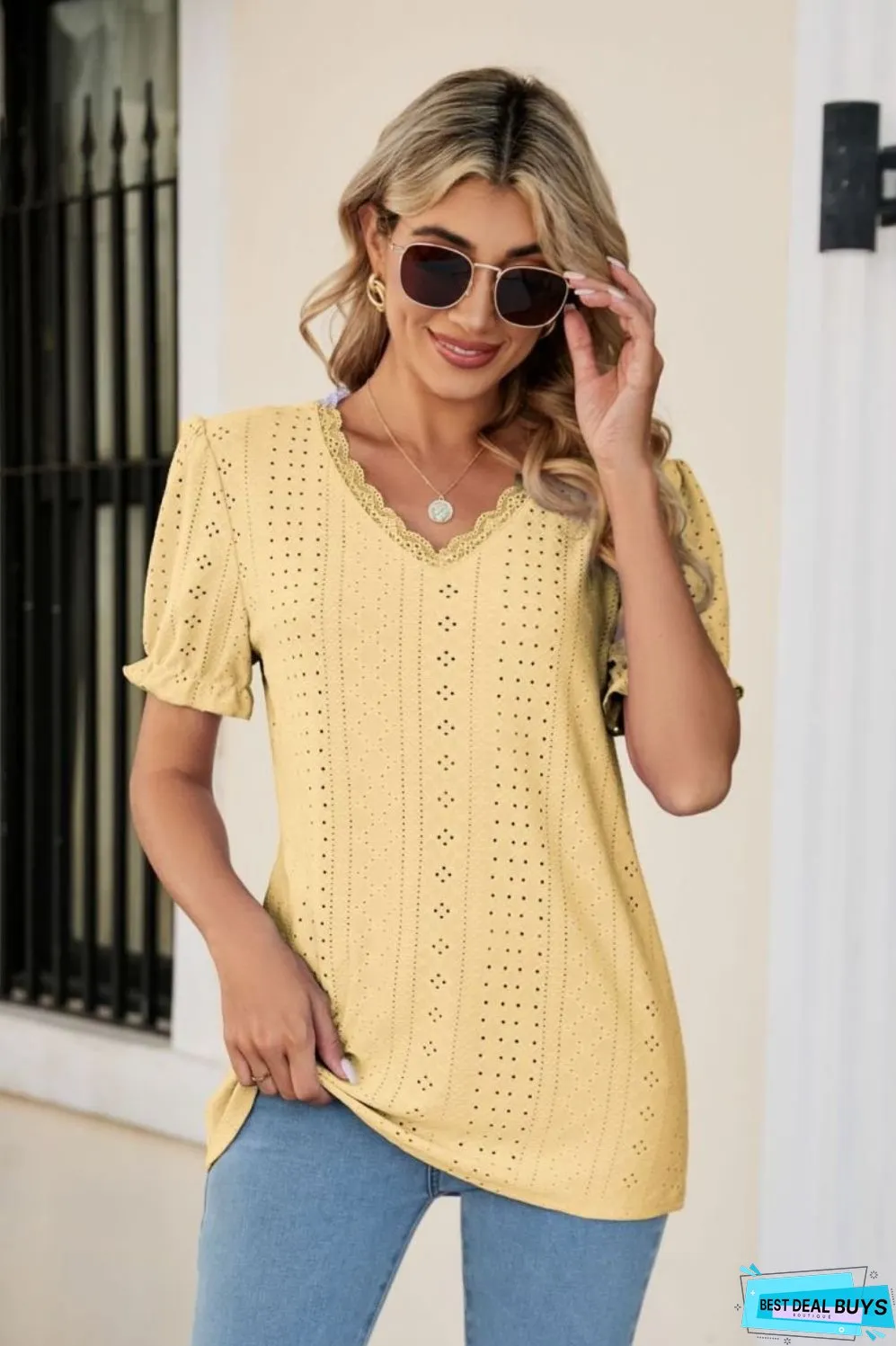 Eyelet Flounce Sleeve Scalloped V-Neck Top