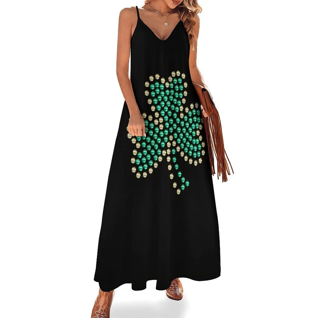 Style & Comfort for Mature Women Plus Size Printed Sling Casual Women Maxi Dress in Pattern St. Patrick's Day, Green, Clover, Lucky