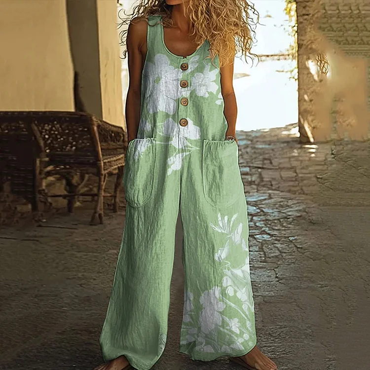 Simpfit Nachahmung aus Baumwolle und Leinen-Overall mit Vintage-Blumendruck für Damen