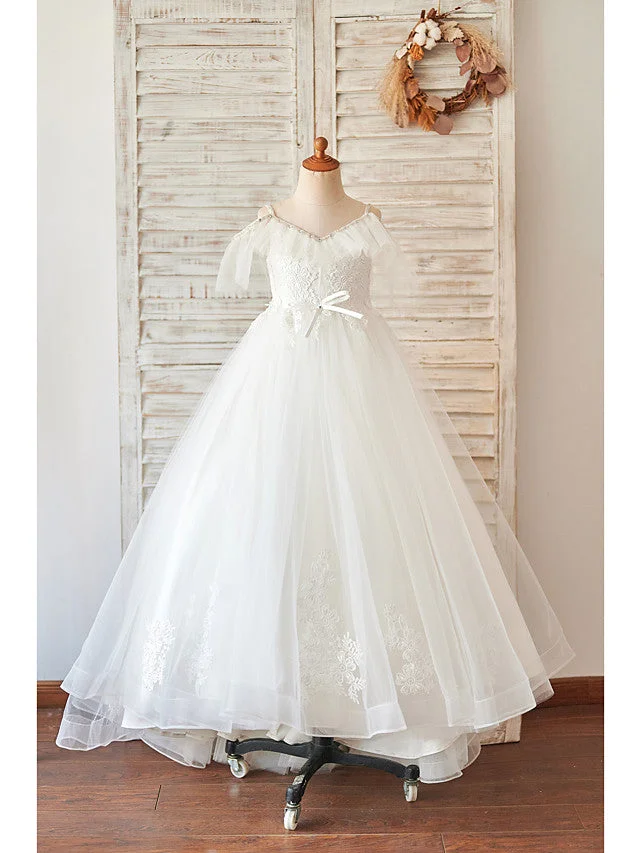 Daisda Ball Gown Sleeveless V Neck Flower Girl Dresses Lace Tulle With Bow Beading Appliques
