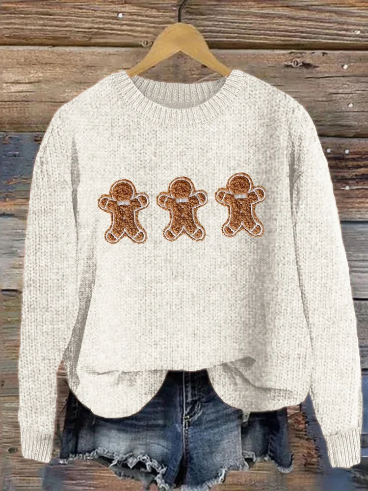 Christmas Gingerbread Fleece Applique Embroidered Cozy Sweater