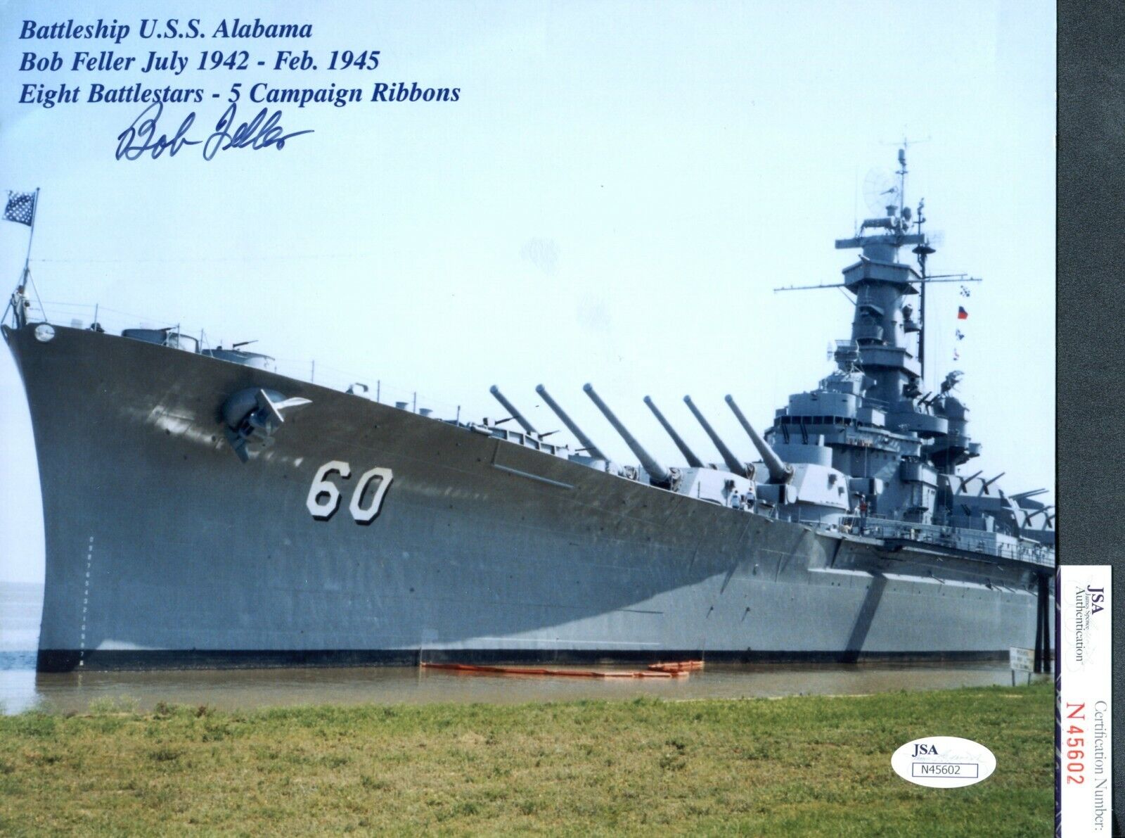 JSA Bob Feller Autographed Signed 8x10 Photo Poster painting U.S.S. Alabama Battleship TRB 903