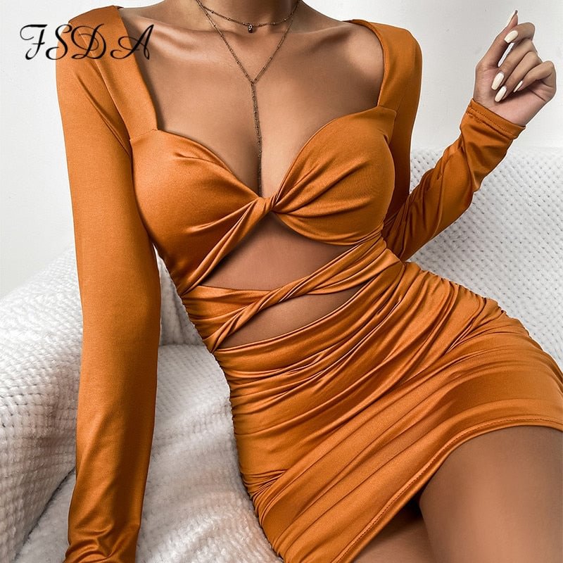 FSDA 2021 Black Long Sleeve Bodycon Dress Hollow Out Mini Autumn Winter Red Bandage Sexy V Neck Women Party Dresses