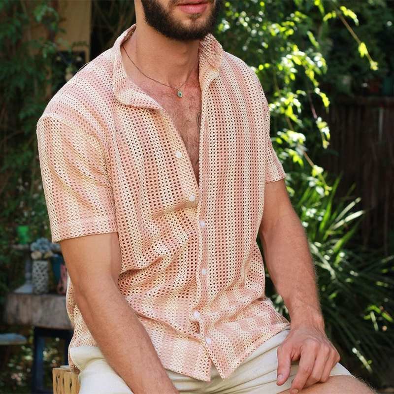 Pink Striped Mesh See-Through Summer Lapel Short Sleeve Men's Shirts-VESSFUL
