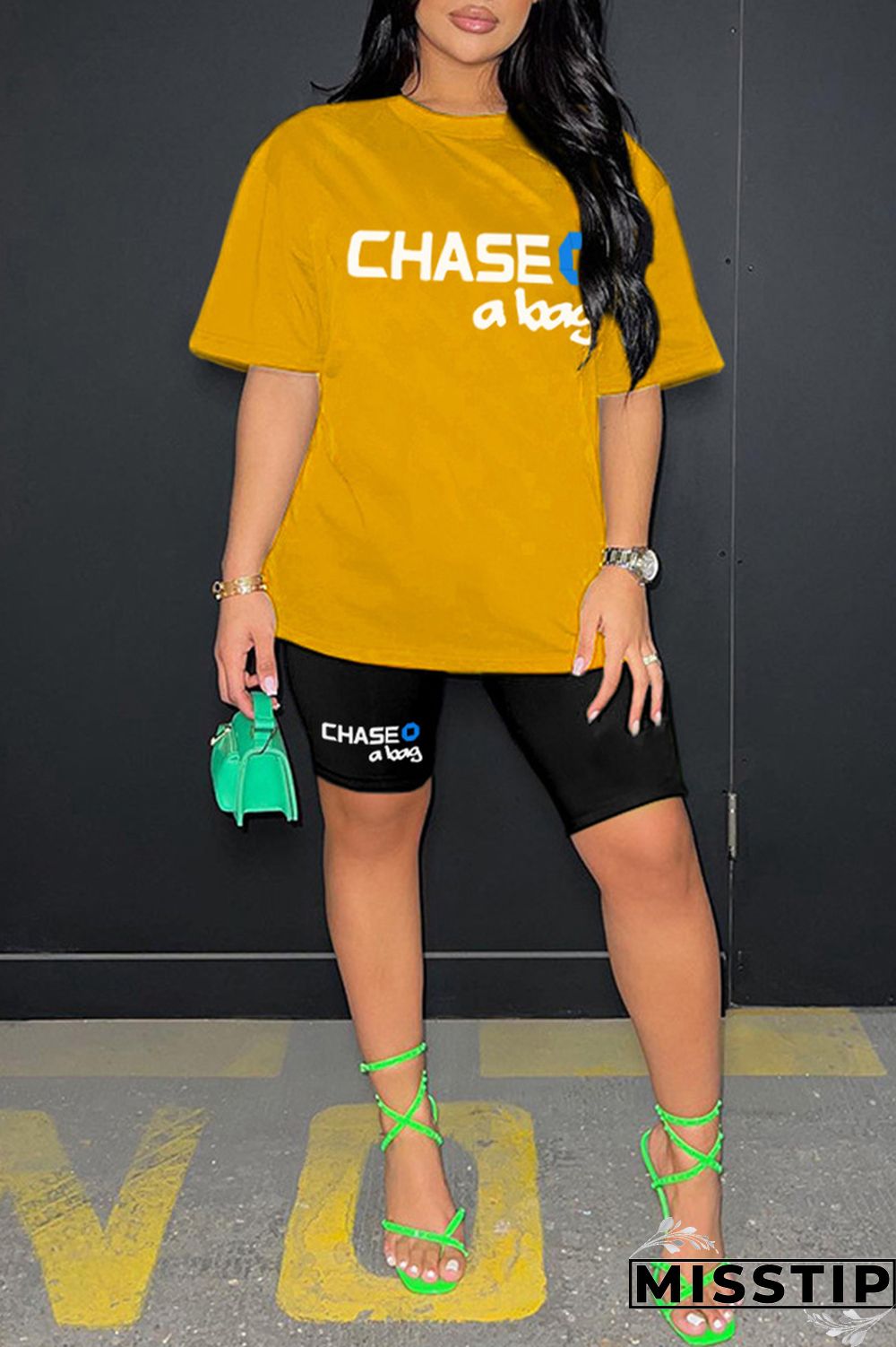 Ginger Casual Letter Print Basic O Neck Short Sleeve Two Pieces