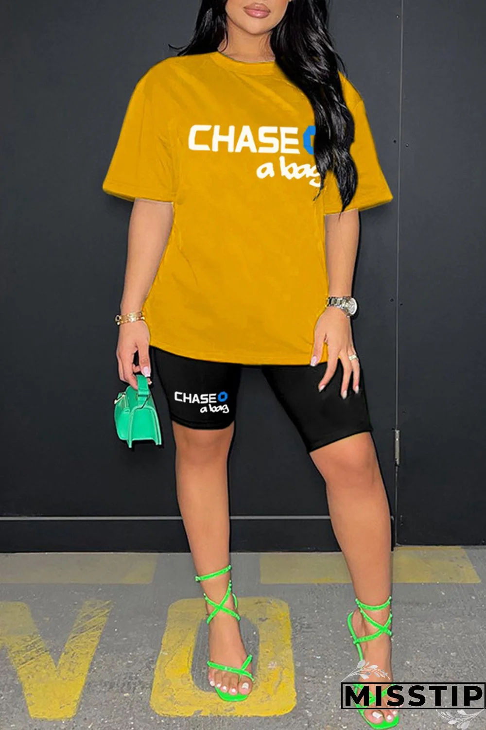 Ginger Casual Letter Print Basic O Neck Short Sleeve Two Pieces