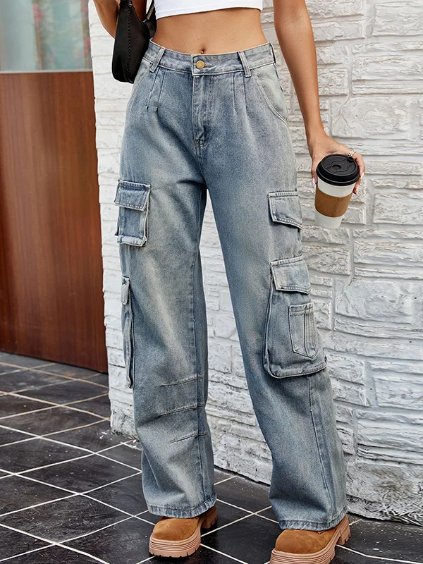 Pleated Pockets Split-Joint Loose Jean Pants Bottoms