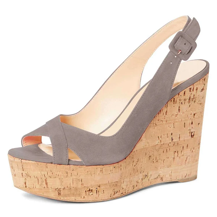 Grey Vegan Suede Platform Wedge Heels Slingback Sandals |FSJ Shoes