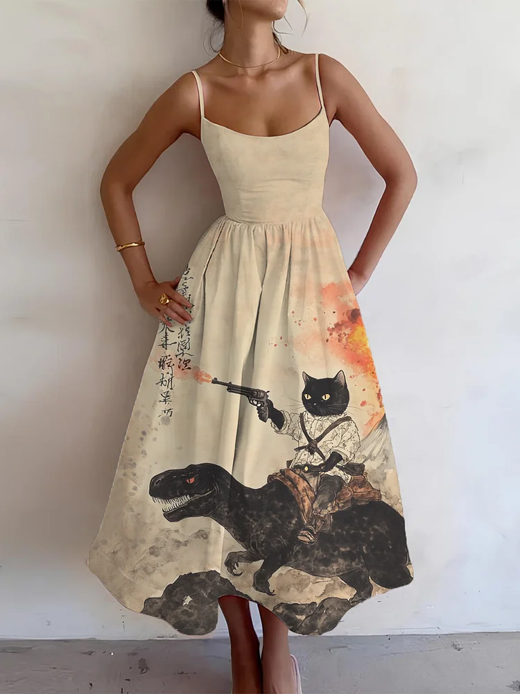 Women's Retro Calligraphy Cat Dinosaur Volcanic Eruption Print Cami Midi Dress