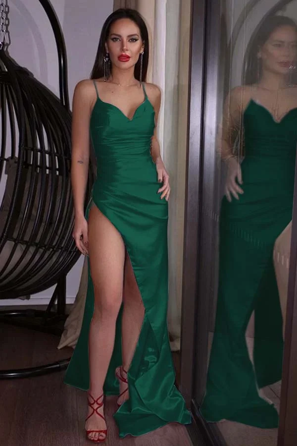 Grape Prom Dress Chic Spaghetti Straps Stretch Satin Floor Length Prom Dress With Split main image 1