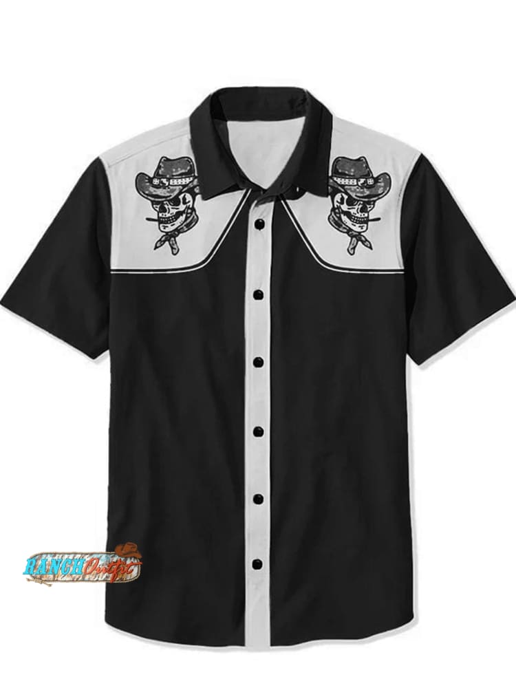 Retro Western Print Casual 100% Cotton Shirt Black / S
