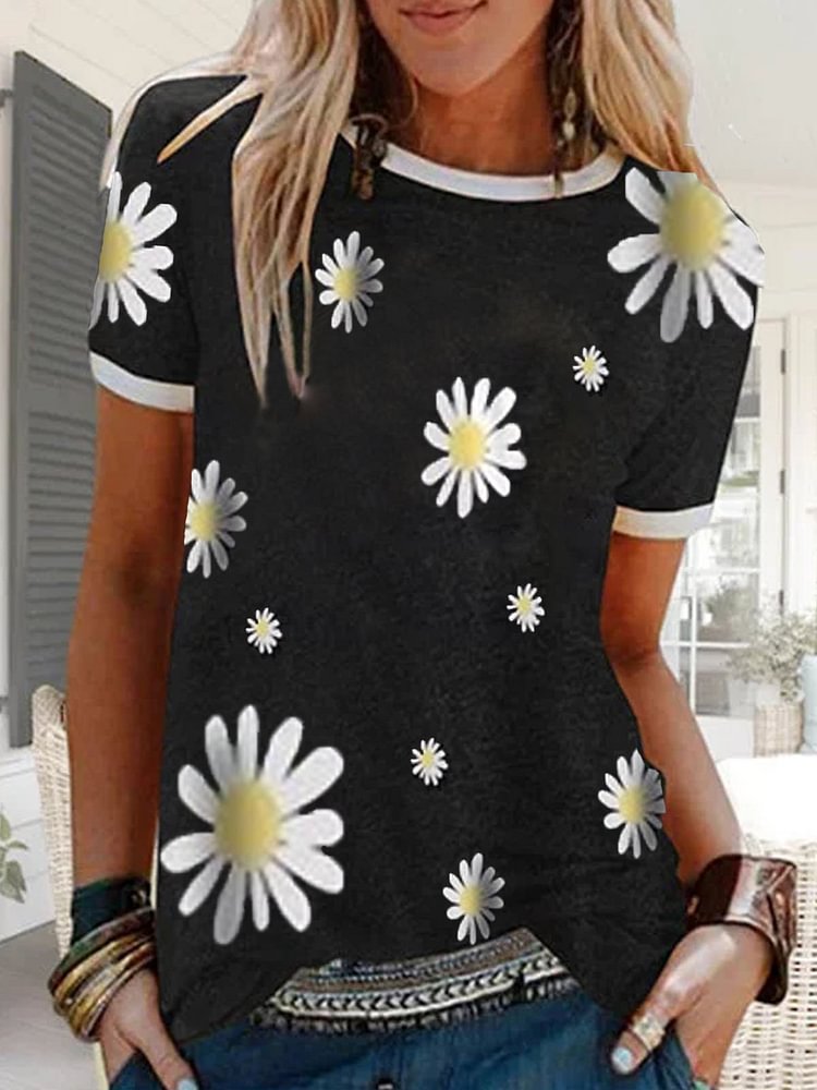 Bestdealfriday Black Cotton Round Neck Casual Printed Shirts Tops 9326774