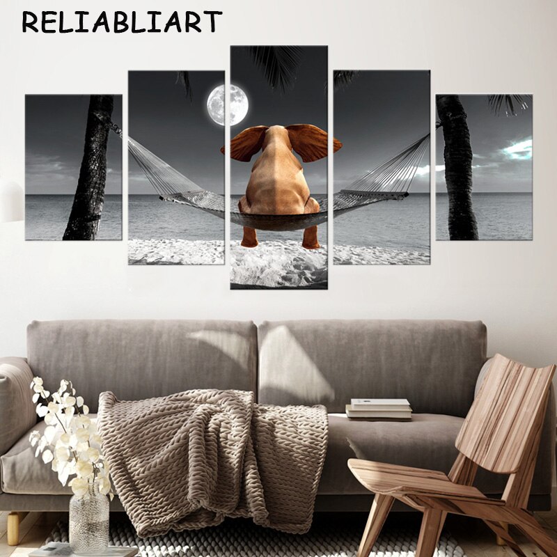 Moon Sea Beach Elephant Animal Canvas Painting Natural 5 Panels Poster and Prints Wall Art for Living Room Home Decor No Frame