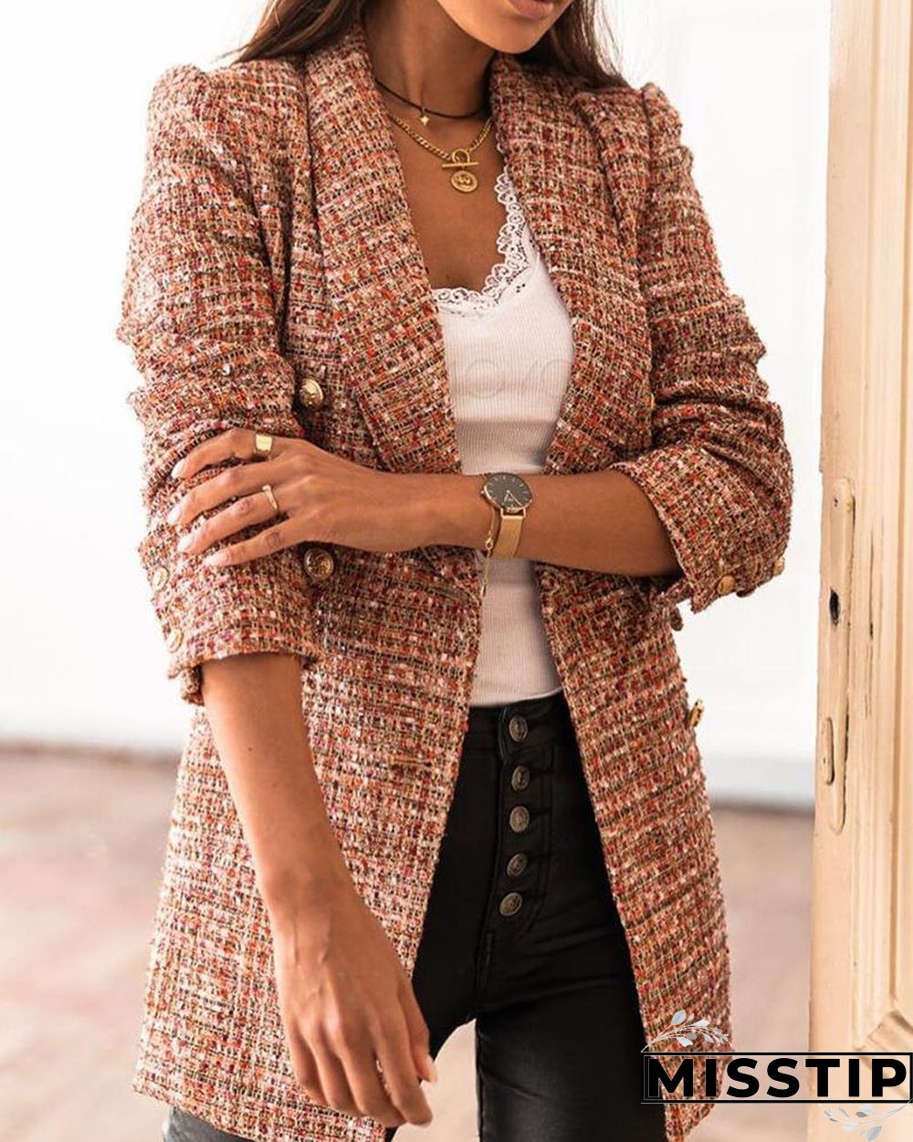 Tweed Button Design Long Sleeve Blazer Coat