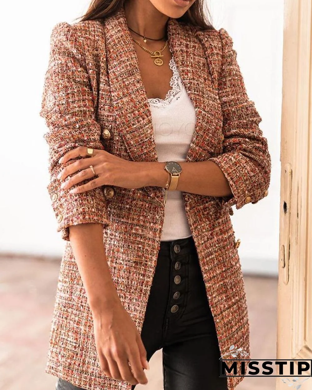Tweed Button Design Long Sleeve Blazer Coat