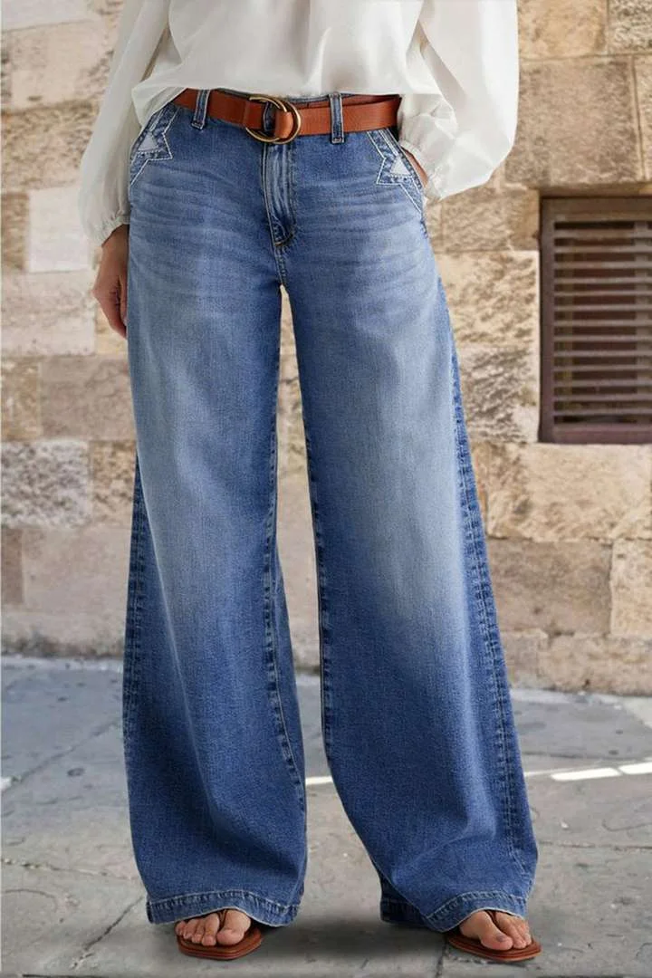 Women's Retro Wide-leg Jeans Embroidered Elastic Straight Pants Casual Trousers