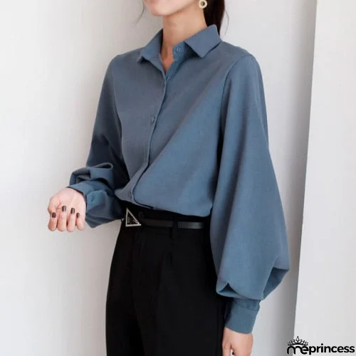 Women's Cotton Turn Down Collar Full Sleeve Solid Pattern Blouses