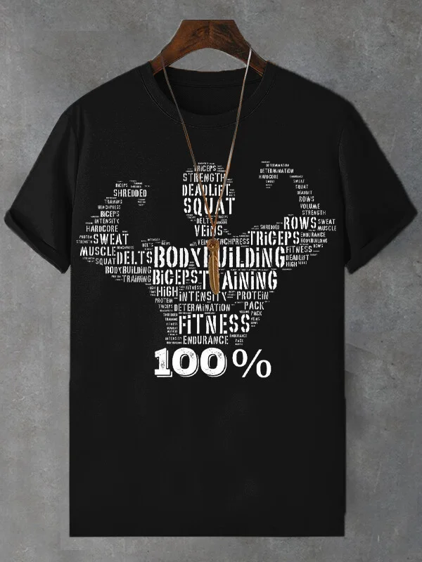 Men's Body Buiding Fitness Print Cotton Casual T-Shirt