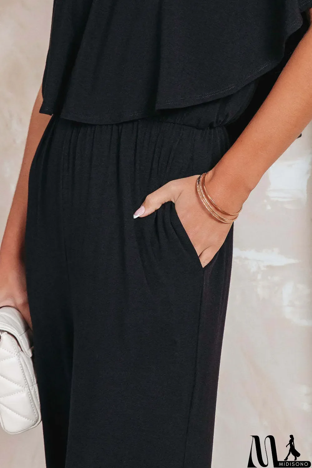 MidiSono - Black Solid Color Off Shoulder Wide Leg Jumpsuit