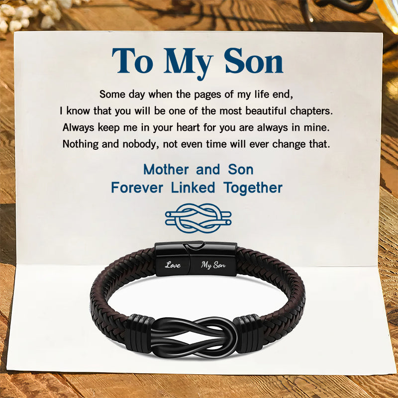 Unique Gift "Mother and Son Forever Linked Together" Black Braided Leather Bracelets - Forever Linked