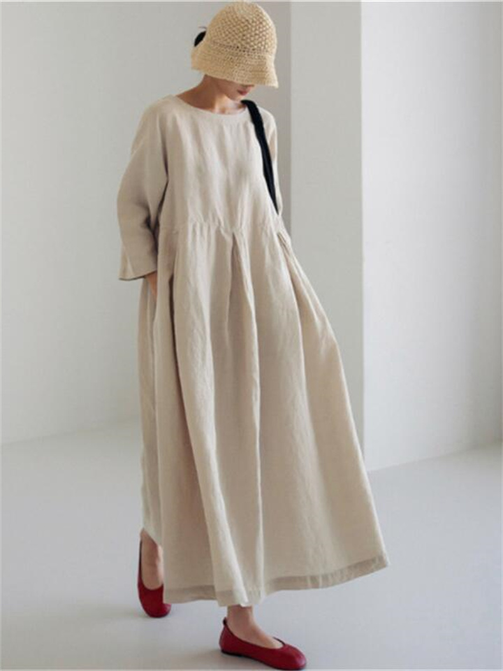 Women's Long-sleeved Big Yards Loose Cotton Linen Dress Over The Head Round Neck Knee-length Solid Color Long A-line Skirt